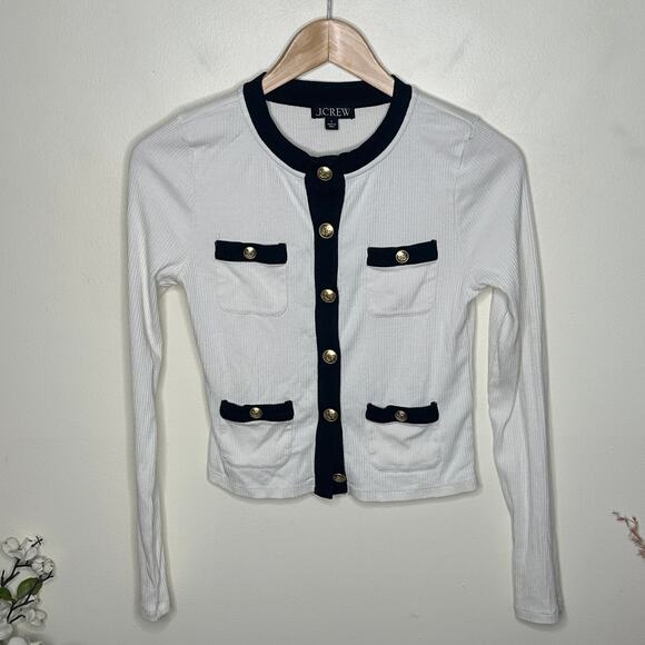 J. CREW Vintage Rib Lady Jacket Long Sleeve Cardigan White Black Sz S {3R4} - Picture 3 of 7